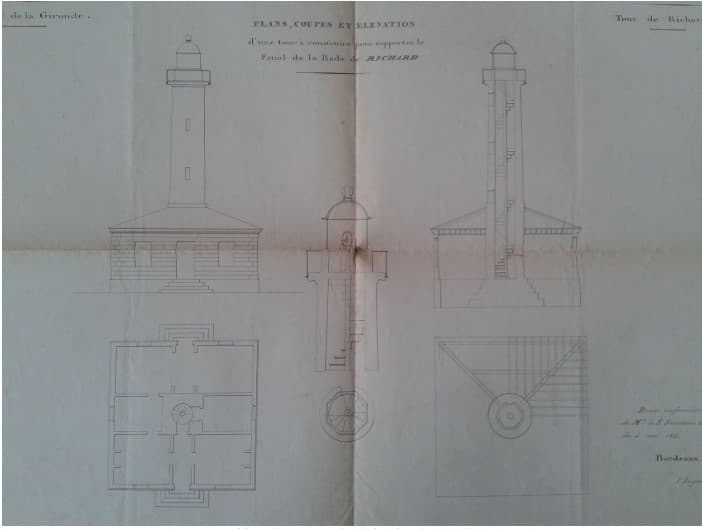 Plan, coupe et élévation du phare de Richard, document conservé aux Archives départementales de la Gironde (2002/086 707 BIS), photographié par Hugues Verley.
