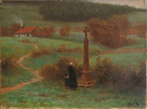 « Calvaire vosgien » (24 x 33 cm), une huile sur toile d'Henri Rovel évoquant avec tendresse les paysages et la spiritualité populaire des Vosges.