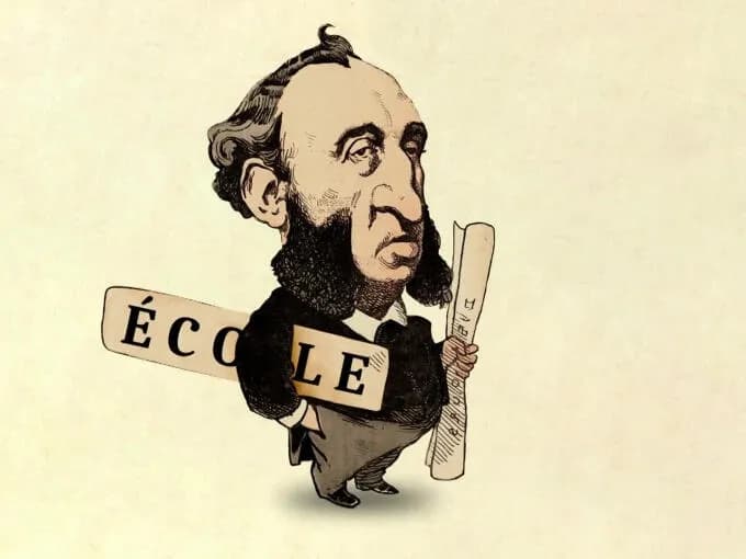Caricature de Jules Ferry, représenté avec ses traits caractéristiques et un panneau évoquant son grand œuvre : l'école pour tous.